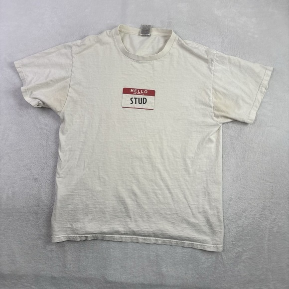 Fruit of the Loom Other - VTG Hello My Name Is Stud White SS Graphic Shirt Distressed Men's Large